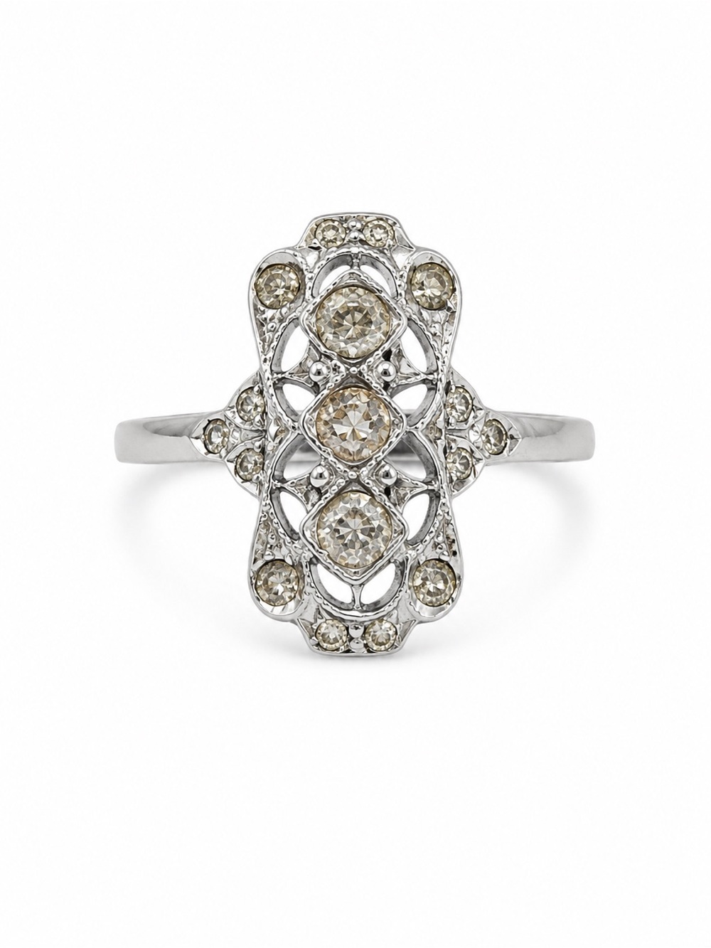 Sterling Silver 925 CZ Ring Filigree Art Deco Style Cocktail Statement Size 5